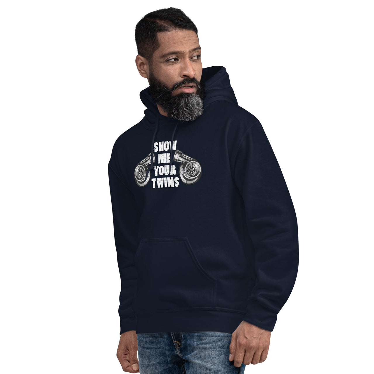 Show Me Your Twins Turbo Hoodie modeled in navy