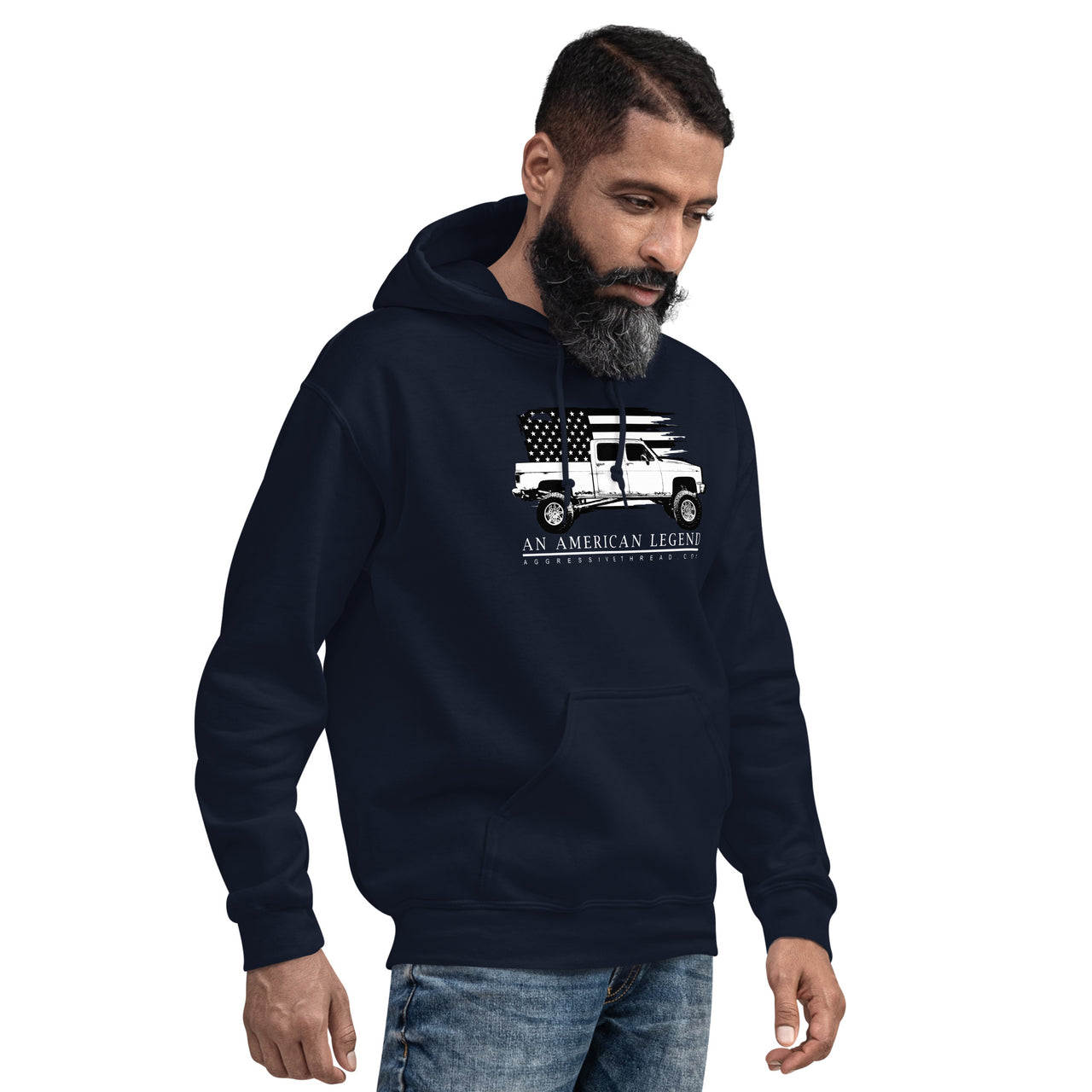 man modeling a Square Body Truck Hoodie in navy