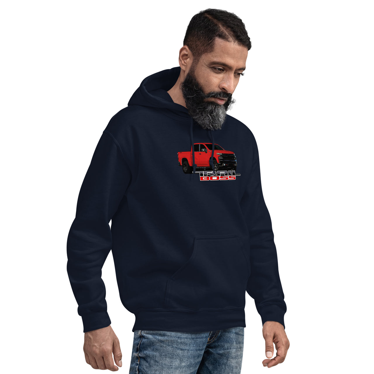Red Trail Boss Truck Hoodie modeled in navy
