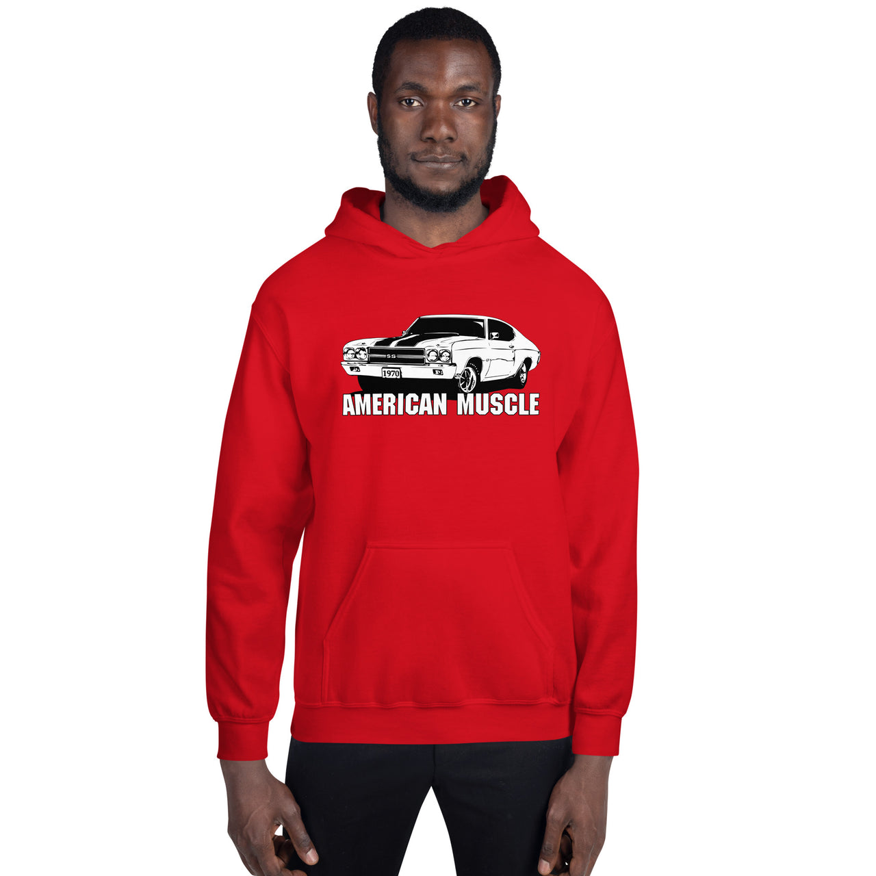 Man modeling a 1970 Chevelle Hoodie in red 