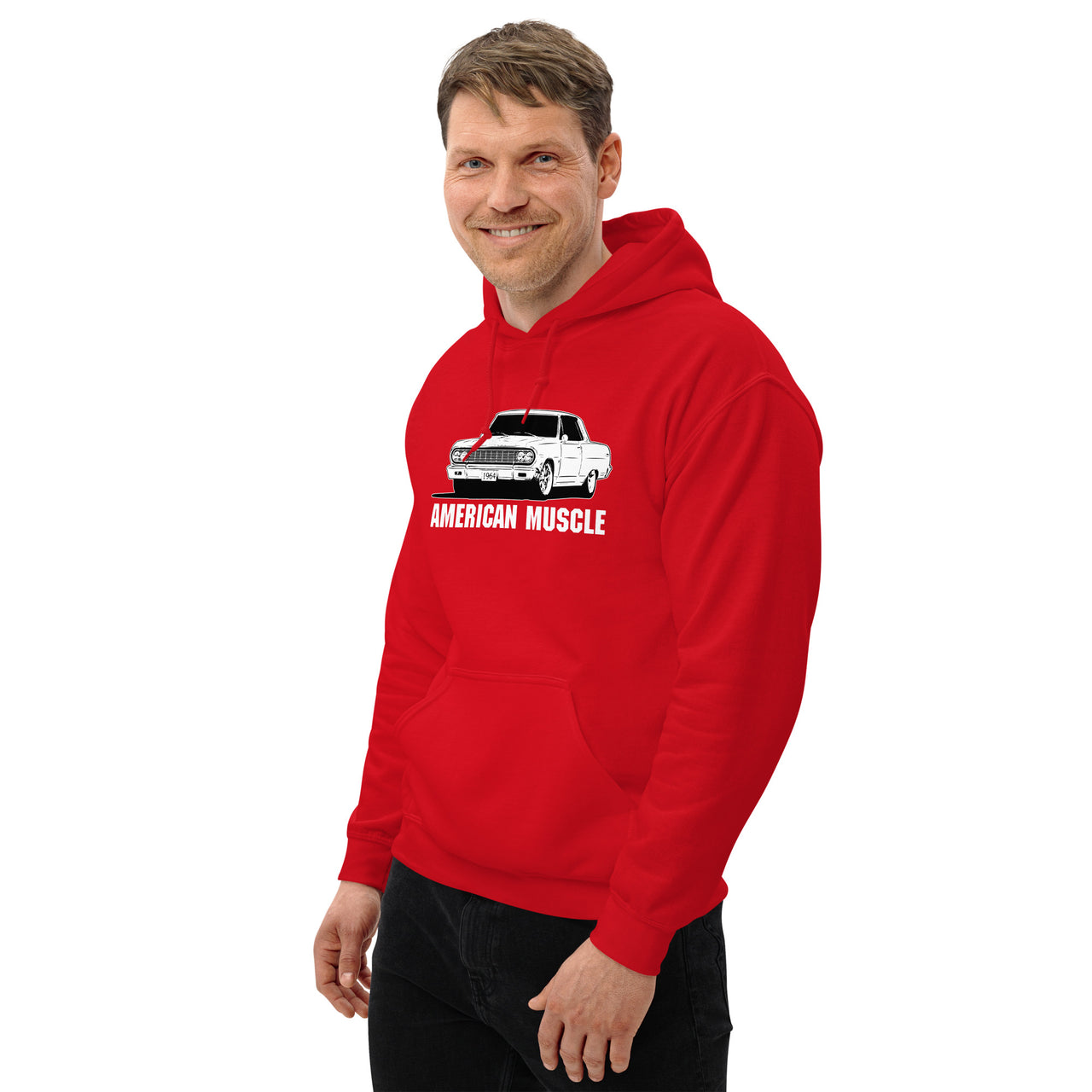 man modeling 1964 Chevelle Hoodie in red