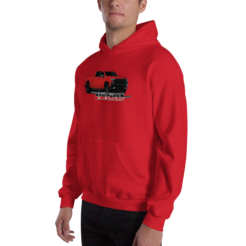 Red Trail Boss Truck Hoodie modeled in red