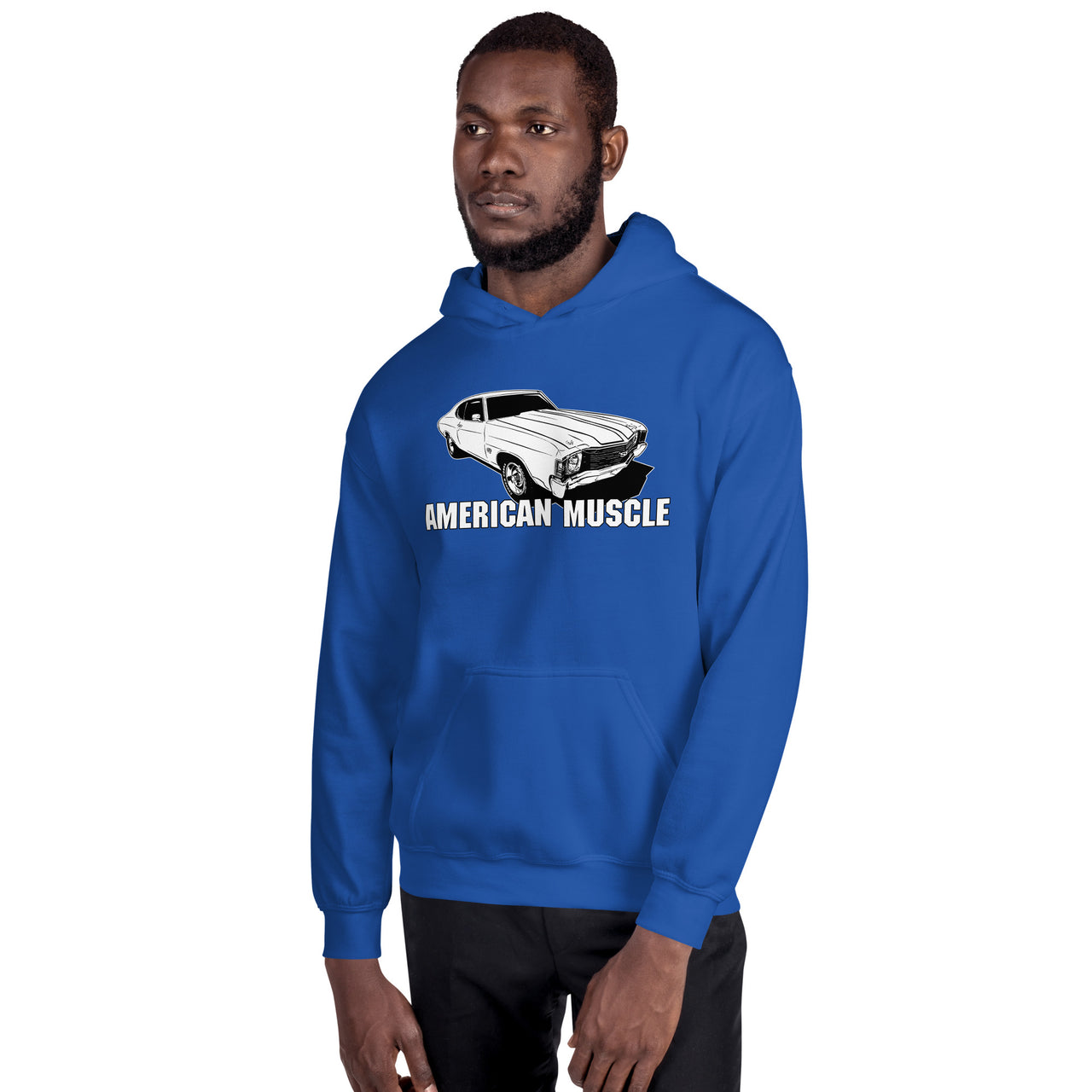 Man modeling a 1972 Chevelle Car Hoodie American Muscle Car Sweatshirt in blue