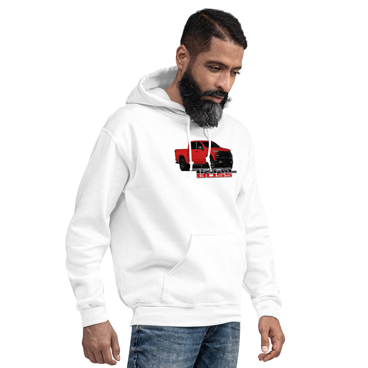 Red Trail Boss Truck Hoodie modeled in white