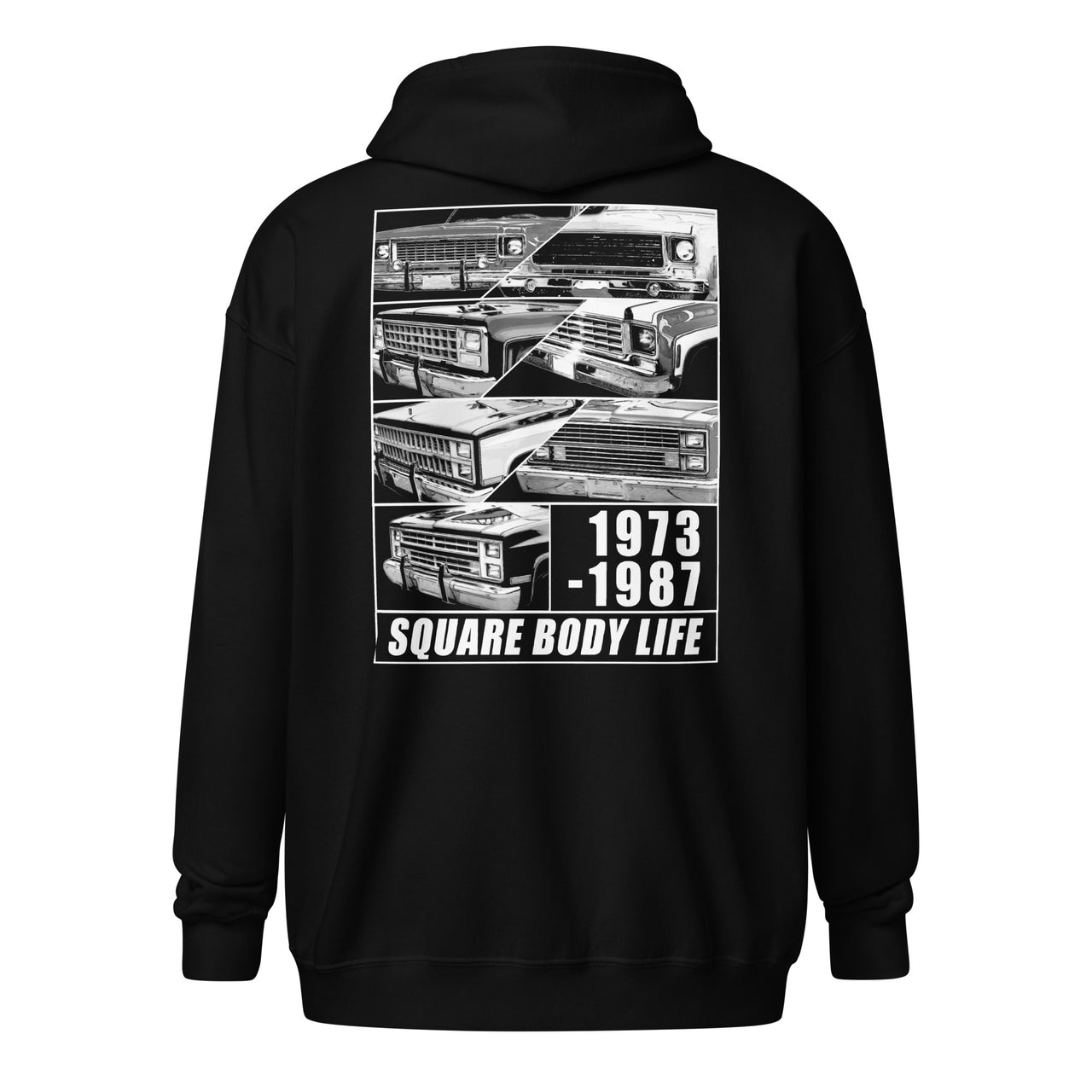 Square Body truck zip up hoodie in black - back view
