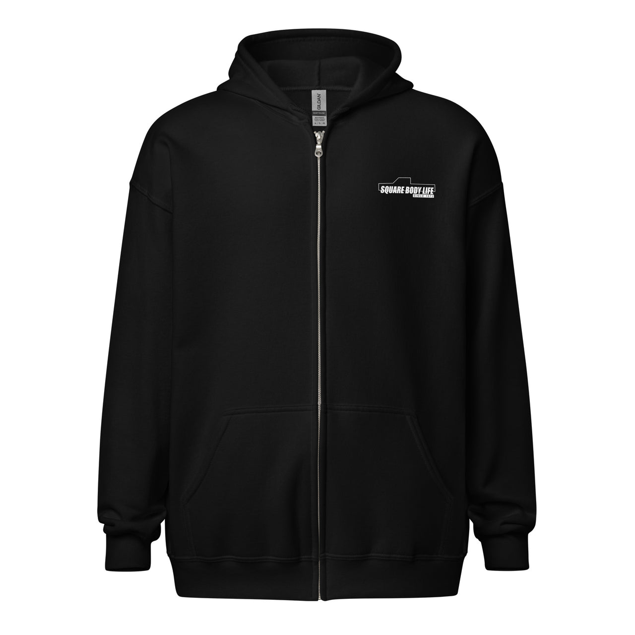 Square Body truck zip up hoodie in black - front view