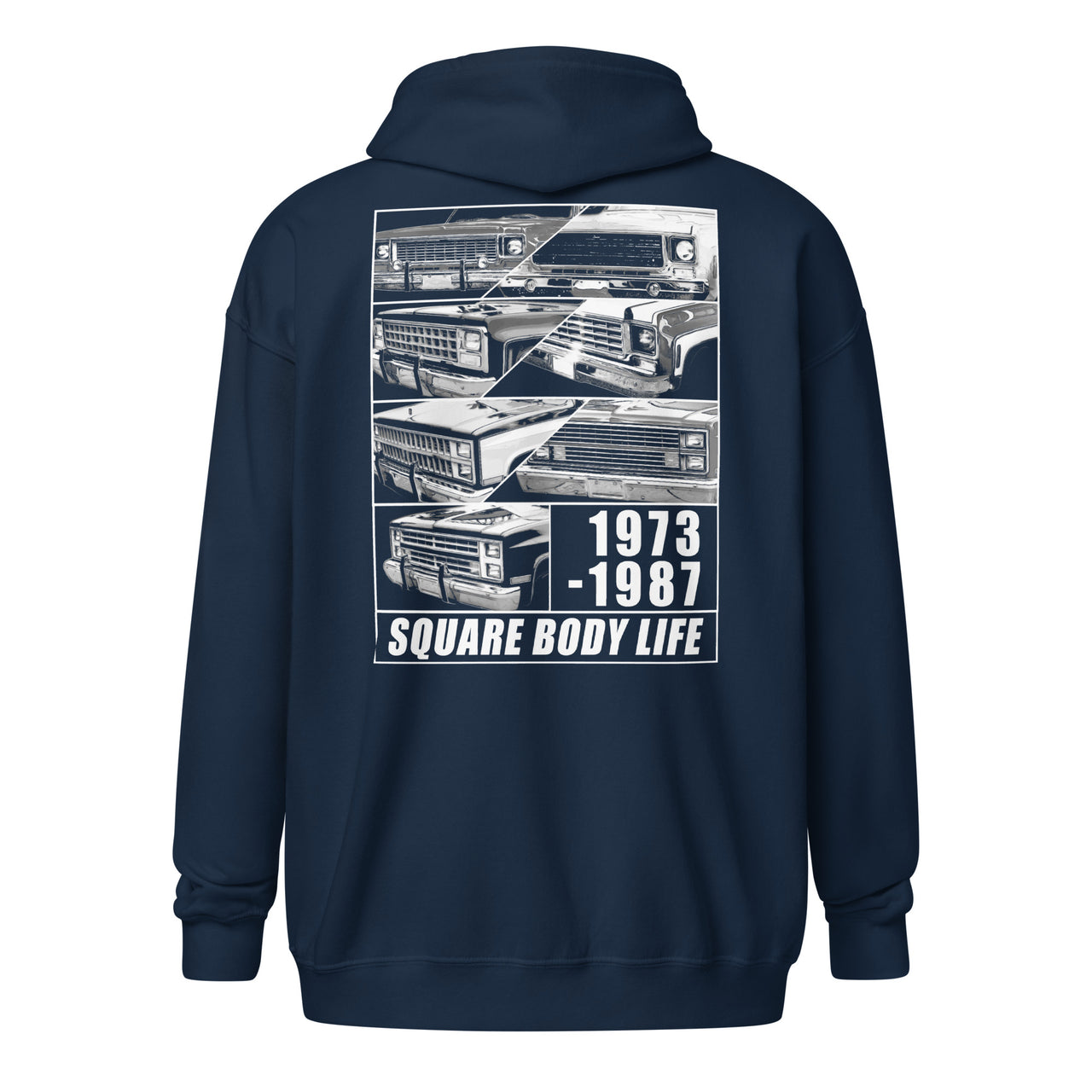 Square Body truck zip up hoodie in navy - back view