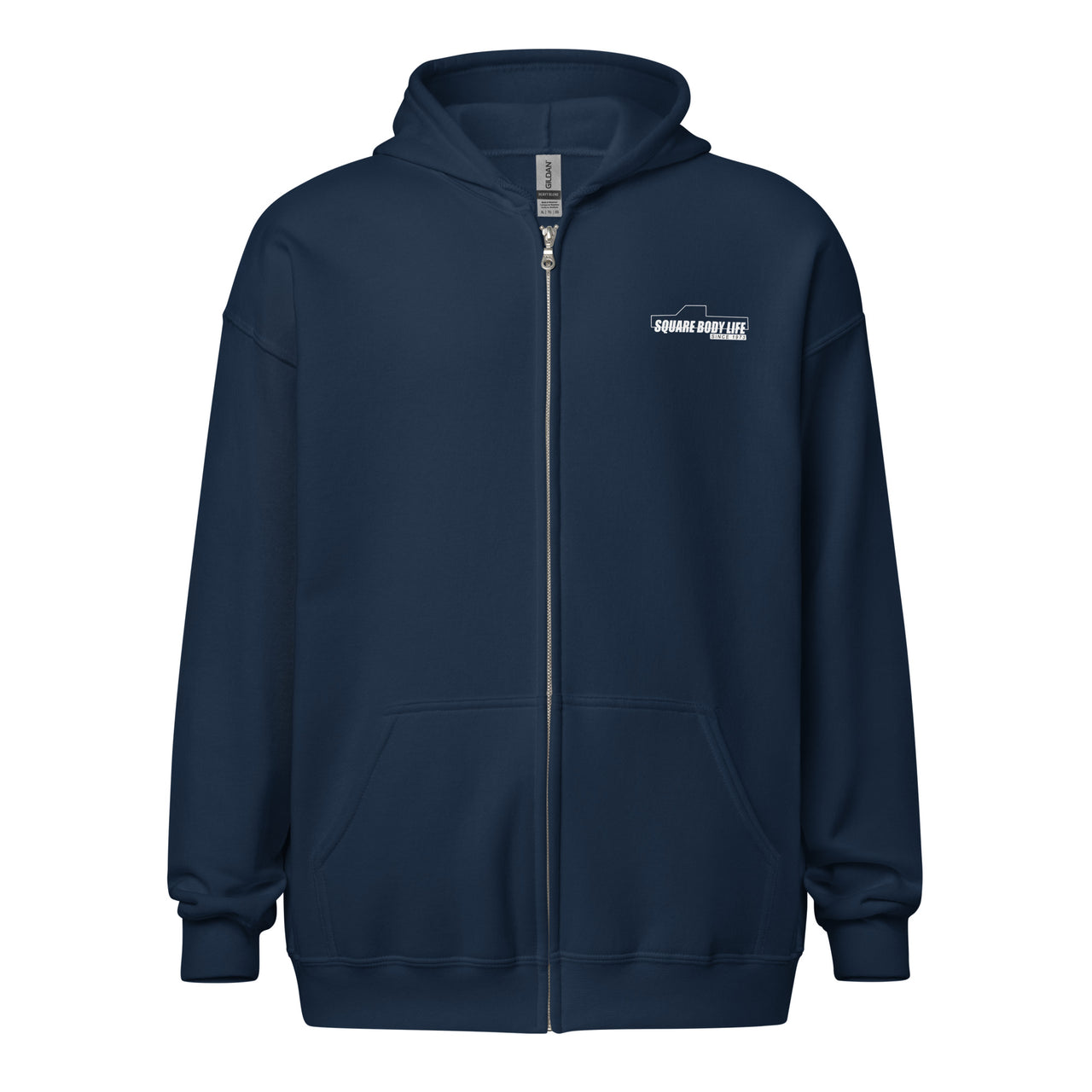 Square Body truck zip up hoodie in navy - front view