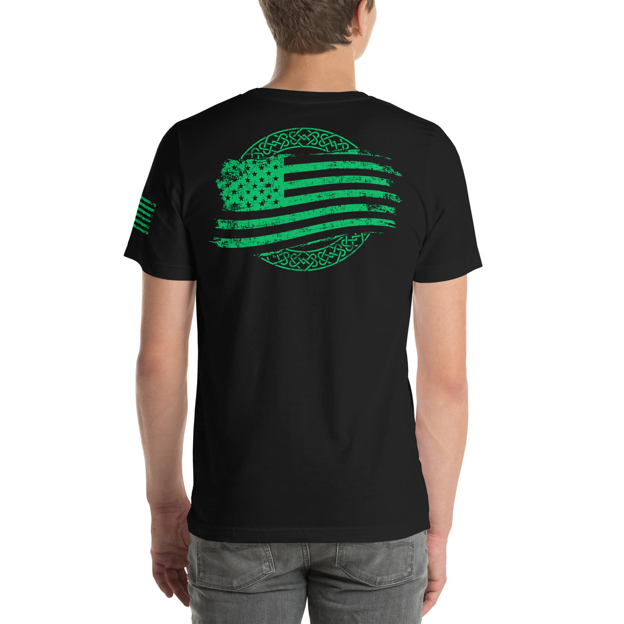 Irish American Flag T-Shirt modeled in black back view