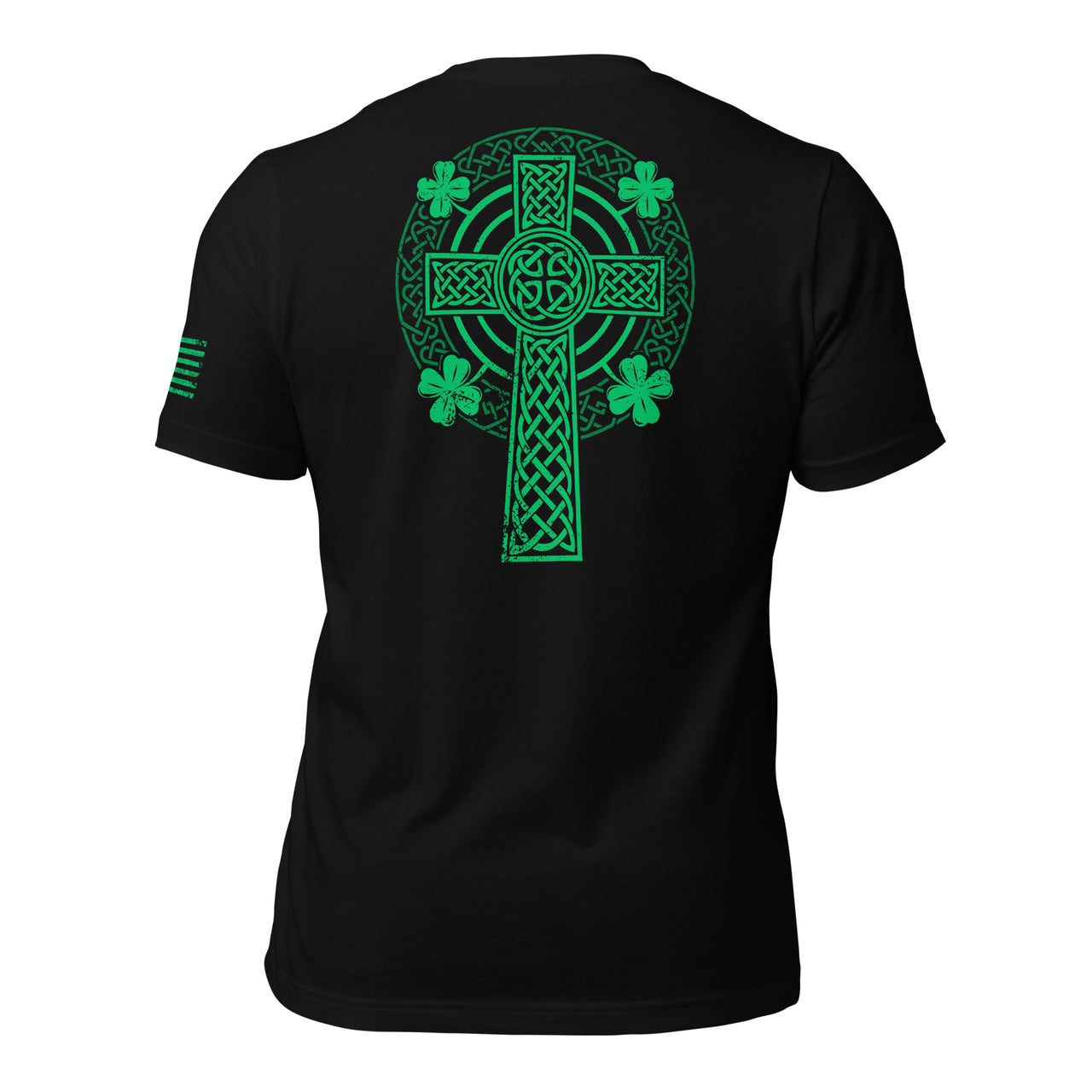 Celtic Cross T-Shirt With 4 Leaf Clover And American Flag in black back view