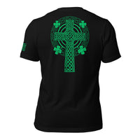 Thumbnail for Celtic Cross T-Shirt With 4 Leaf Clover And American Flag in black back view