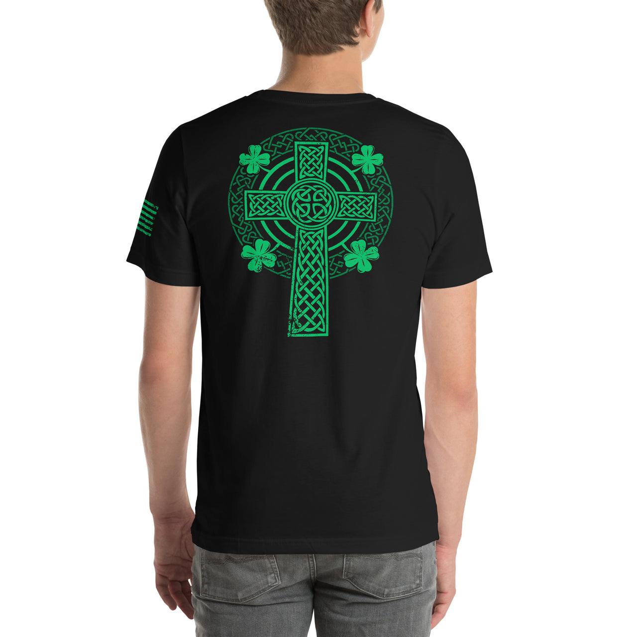 Celtic Cross T-Shirt With 4 Leaf Clover And American Flag modeled in black back view