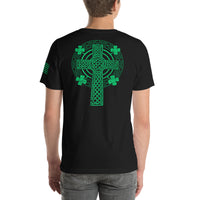 Thumbnail for Celtic Cross T-Shirt With 4 Leaf Clover And American Flag modeled in black back view