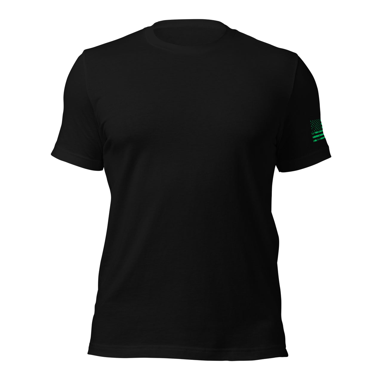 Celtic Cross T-Shirt With 4 Leaf Clover And American Flag in black front view