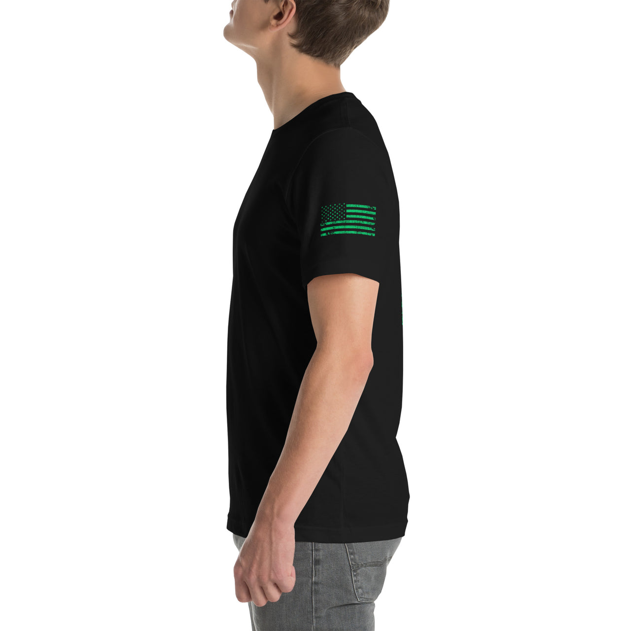 Celtic Cross T-Shirt With 4 Leaf Clover And American Flag modeled in black side view