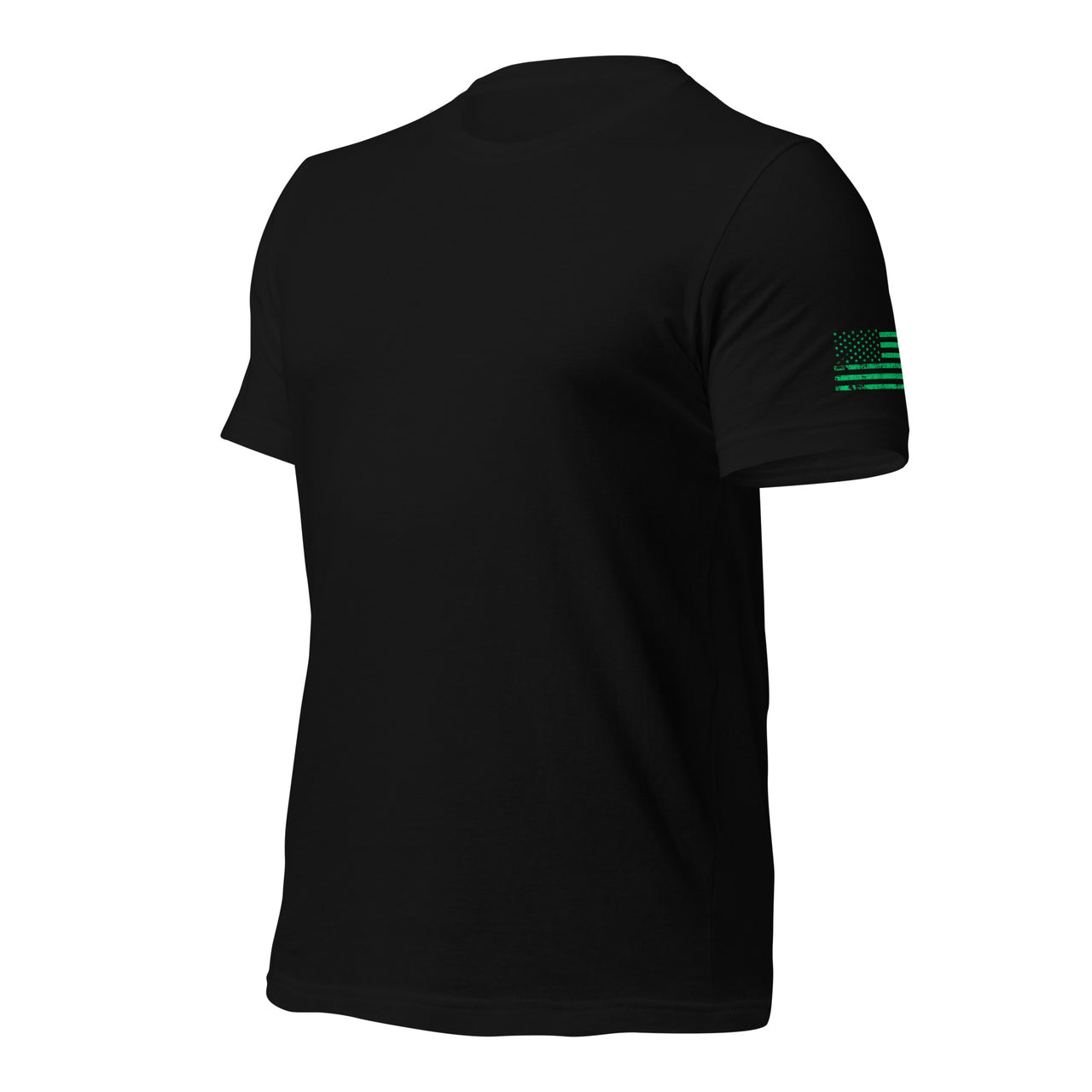 Celtic Cross T-Shirt With 4 Leaf Clover And American Flag in black front side view