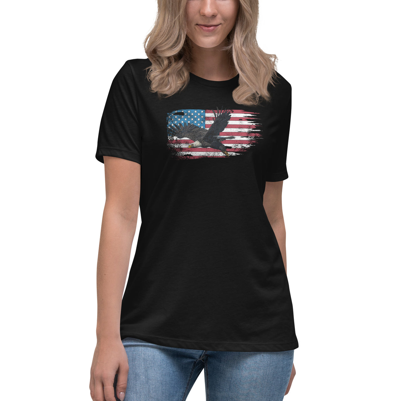 American Flag Bald Eagle Women's Relaxed T-Shirt-In-Black-From Aggressive Thread