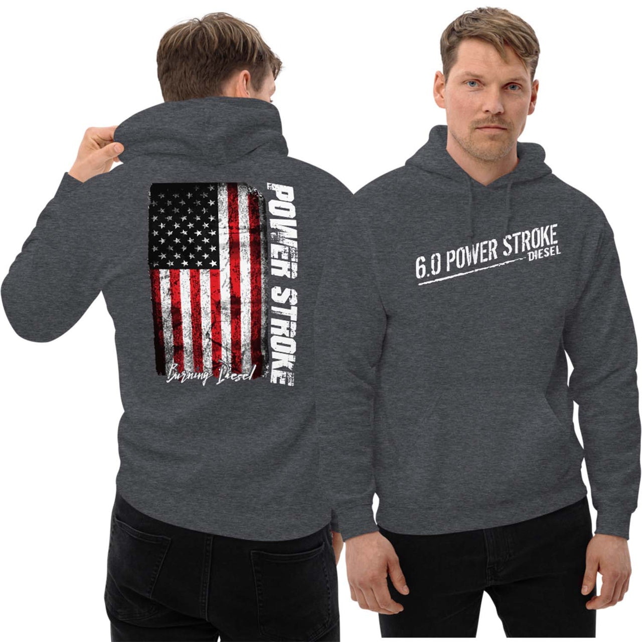 man modeling a 6.0 Powerstroke American Flag Hoodie in grey