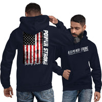 Thumbnail for man modeling a 6.0 Powerstroke American Flag Hoodie in navy