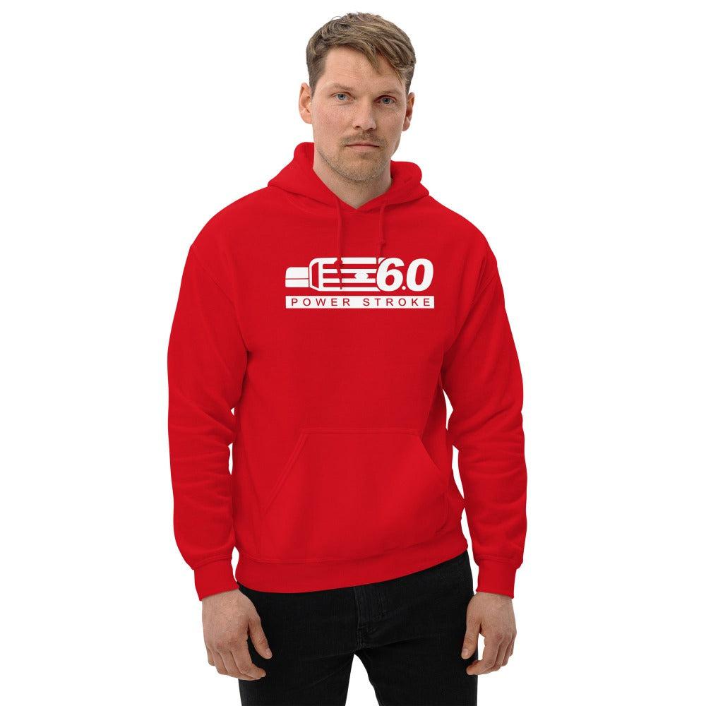 man modeling 6.0 Power Stroke Hoodie With F250 Grille - red