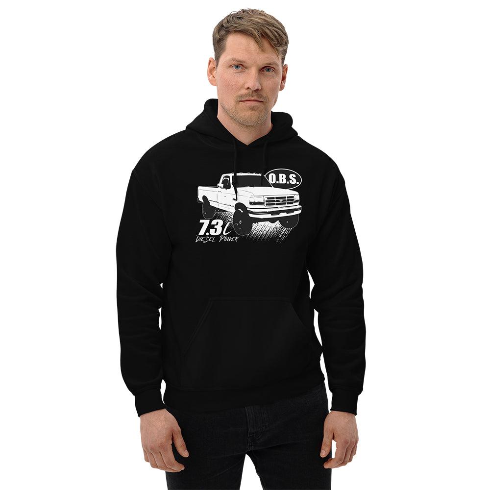 man modeling 7.3 power stroke obs ford truck hoodie in black