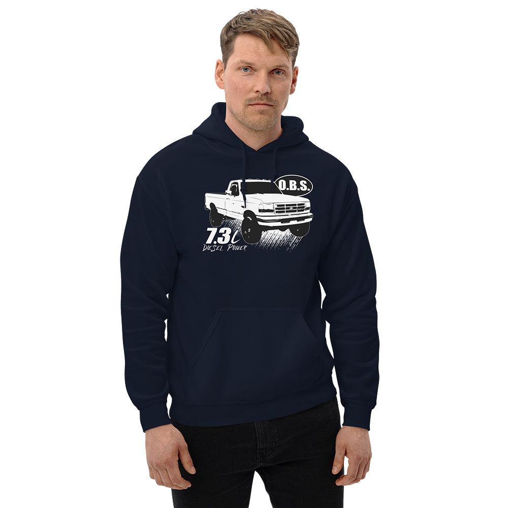 man modeling 7.3 power stroke obs ford truck hoodie in navy