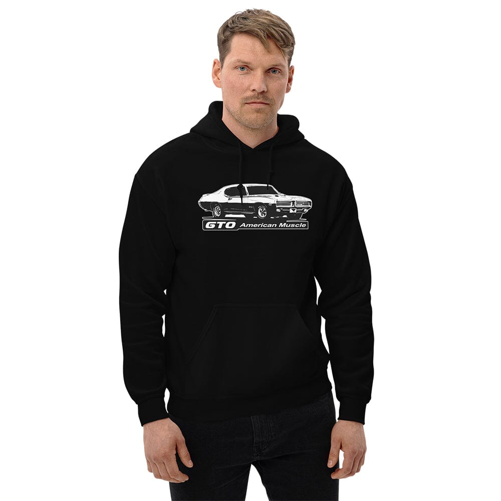 man posing in 1969 GTO Hoodie From Aggressive Thread Muscle Car Apparel - color black