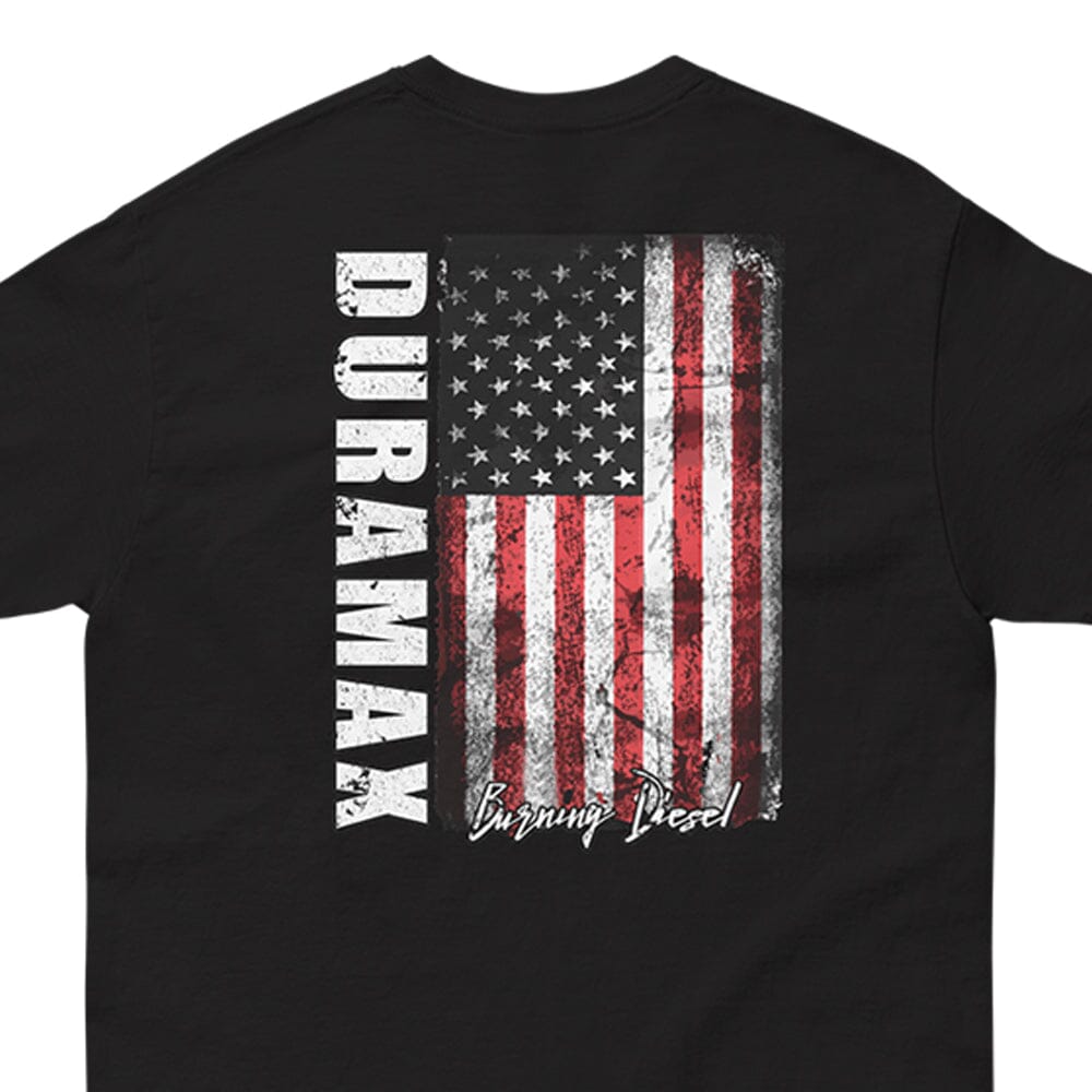 Duramax T-Shirt With American Flag From Aggressive Thread in Black - Back View close up
