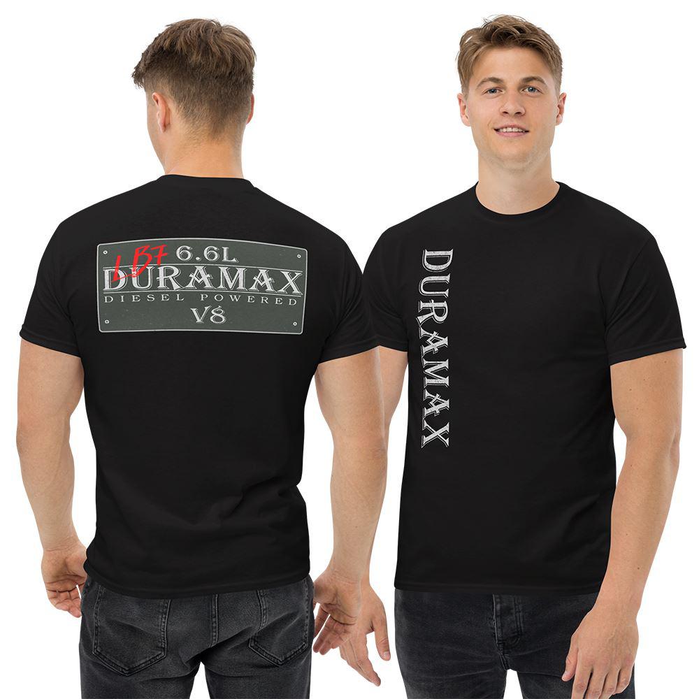 man wearing black Lb7 duramax t-shirt with vintage sign design