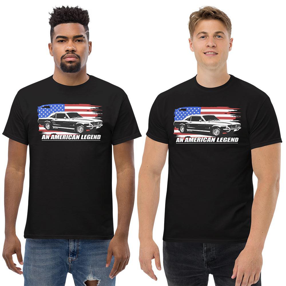 Men Wearing A 1967 Mustang Fastback T-Shirt From Aggressive Thread - Color Black