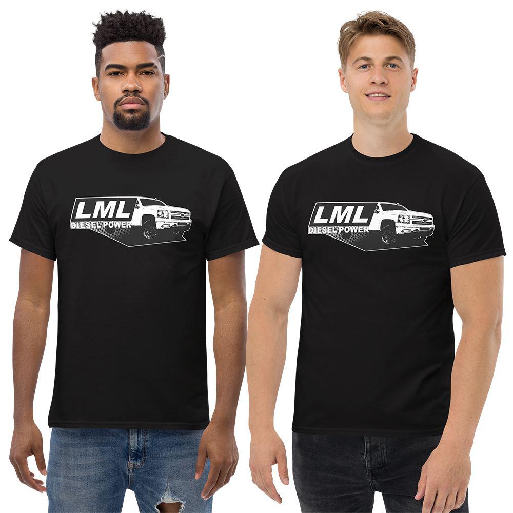 Men Wear A LML Duramax T-Shirt With 2010 2500 Truck - Aggressive Thread Auto Apparel - Color Black