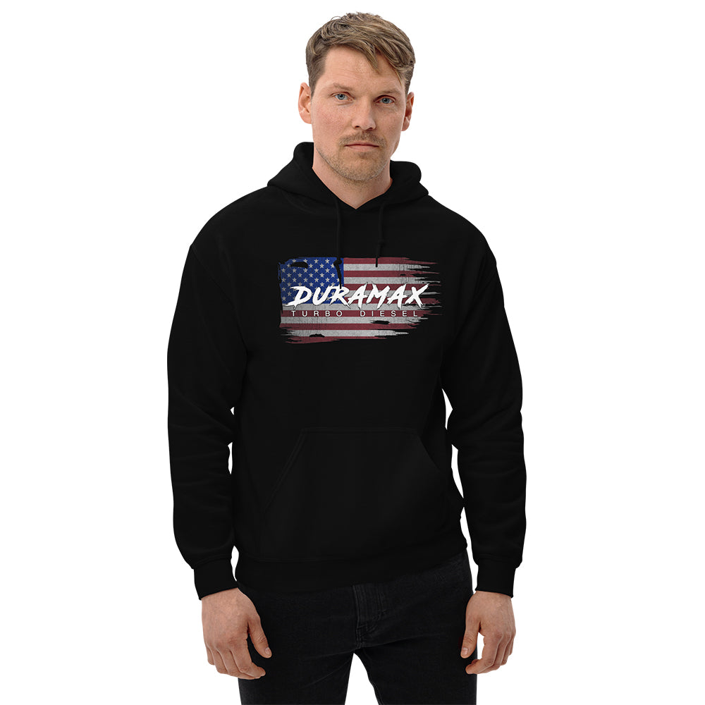 Man Wearing a Duramax American Flag Hoodie in Black From Aggressive Thread
