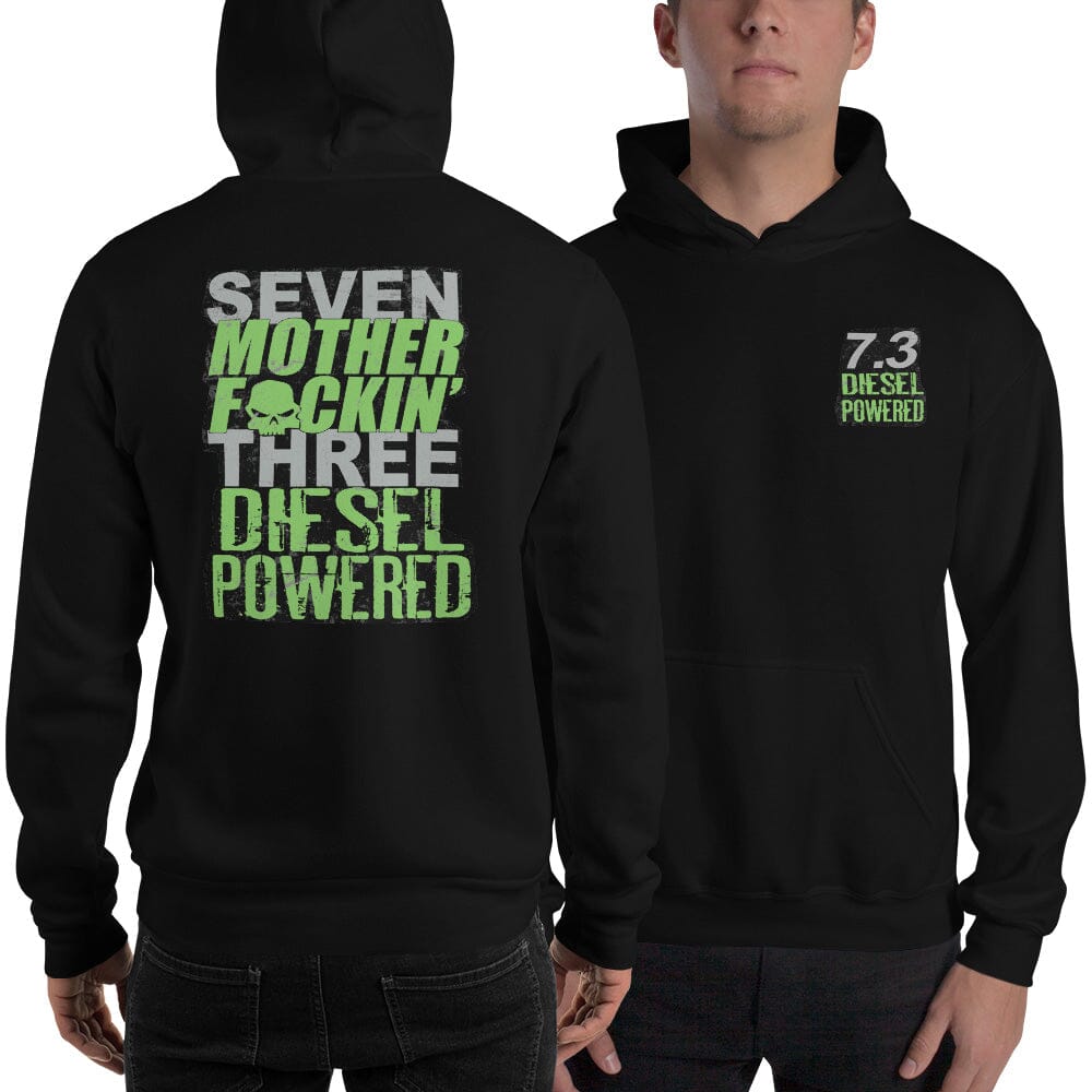 Man Wearing a 7.3 Power Stroke Hoodie From Aggressive Thread - Black