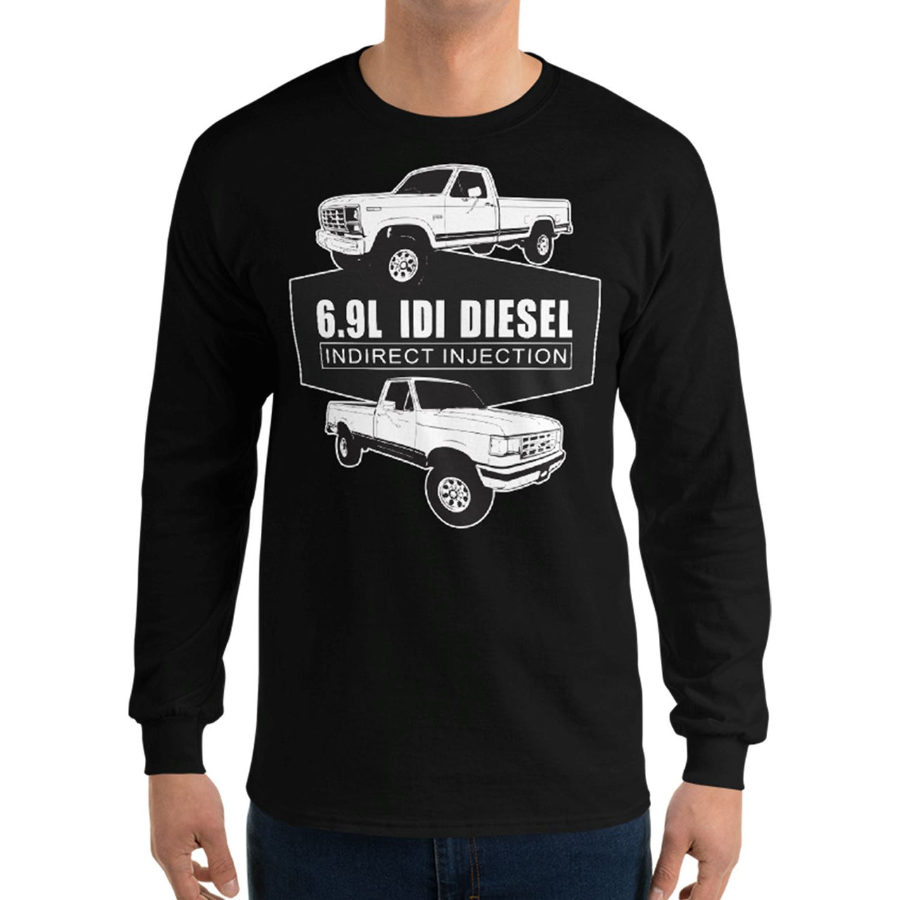 man wearing a 6.9 IDI Diesel Truck long sleeve Shirt in black