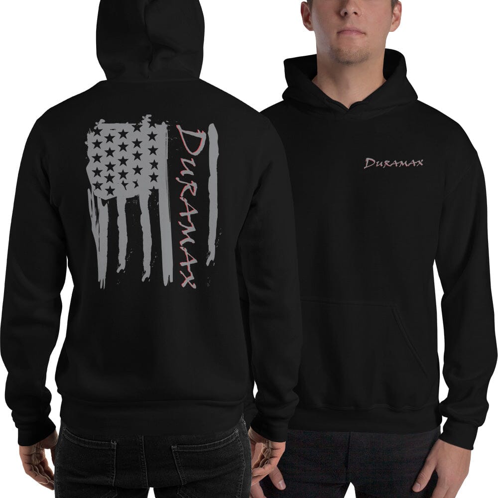 Man Posing in Duramax Hoodie With Grey American Flag On the Back From Aggressive Thread - Color Black