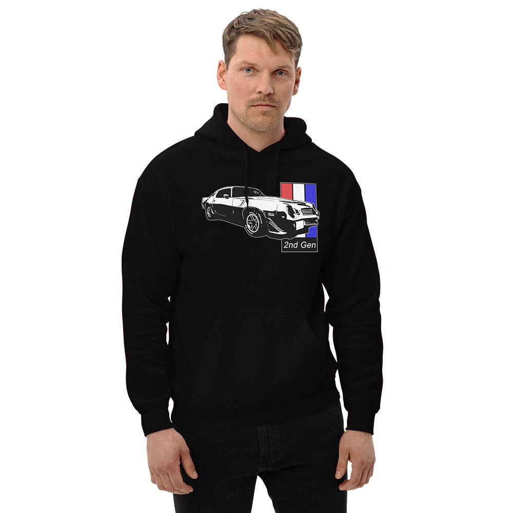Man wearing a Second Gen Camaro Hoodie in White From Aggressive Thread Muscle Car Apparel