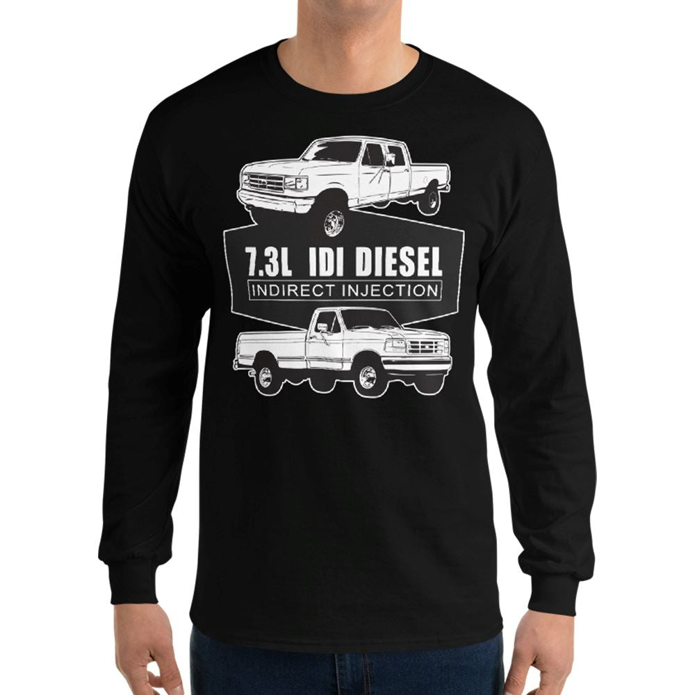 man wearing a 7.3 IDI Diesel Truck long sleeve Shirt in black