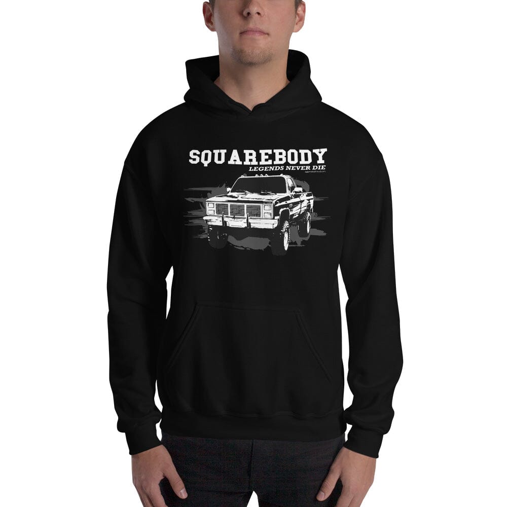 Man Posing in Square Body Hoodie Legends Never Die From Aggressive Thread - Color Black