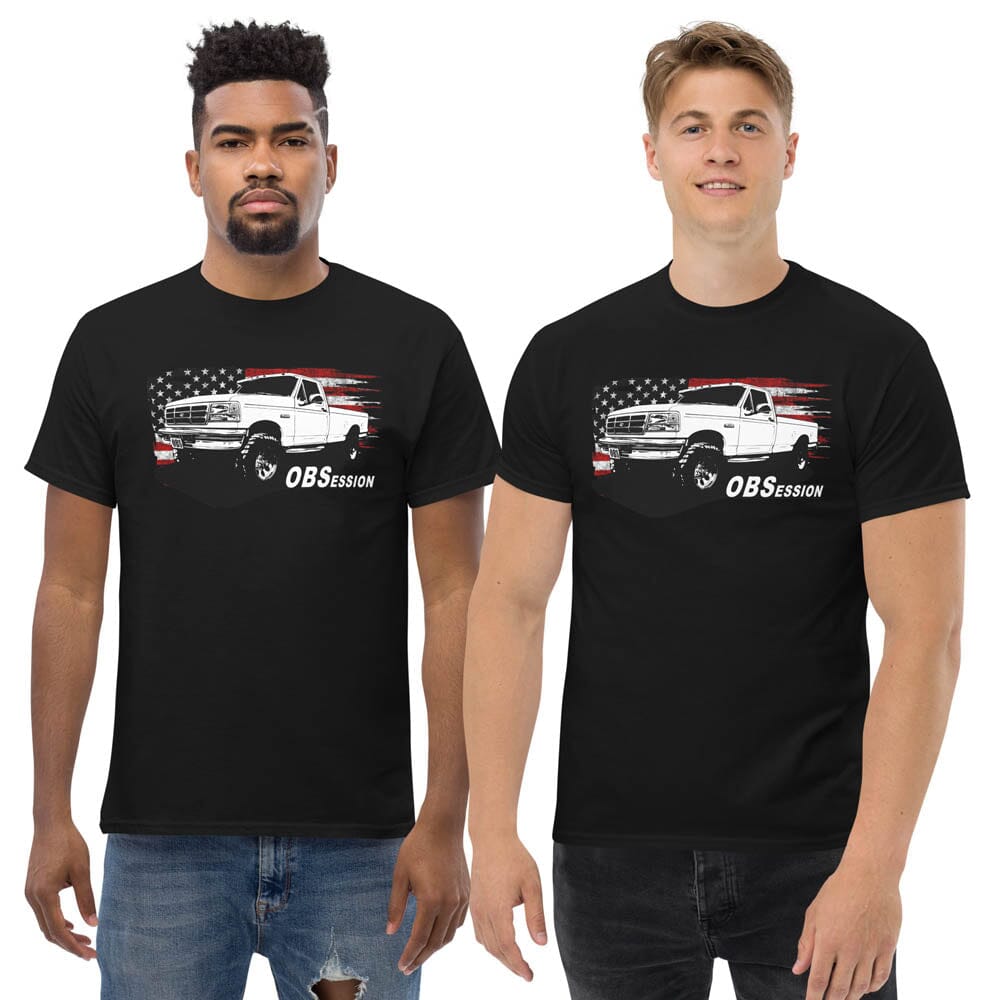 Men Posing in OBS Ford F250 Single Cab T-Shirt From Aggressive Thread - Color Black