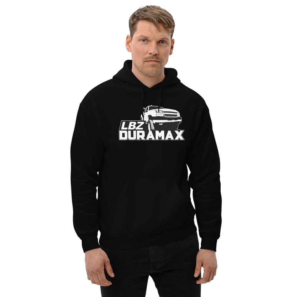 man modeling LBZ Duramax Truck Hoodie in black | Aggressive Thread