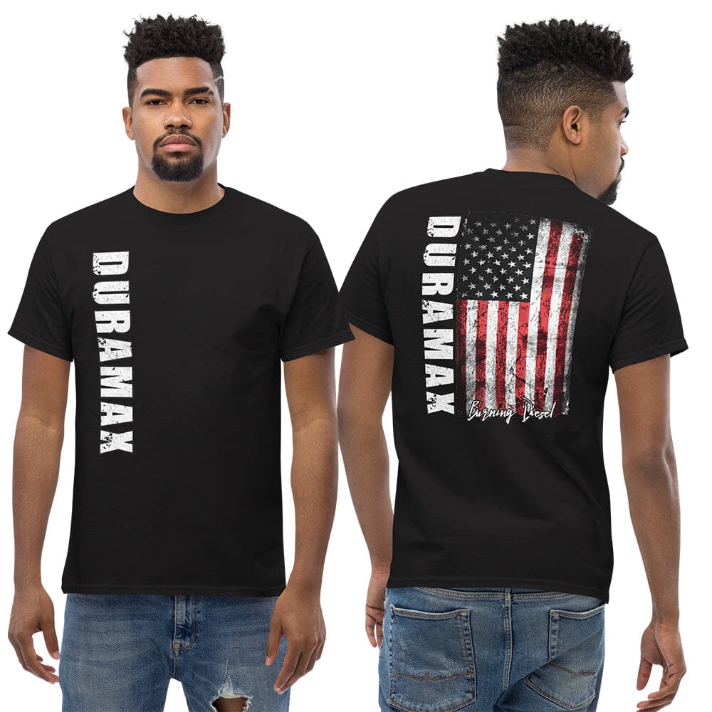 man Wearing a Duramax T-Shirt With American Flag From Aggressive Thread in Black - Front And Back View in black