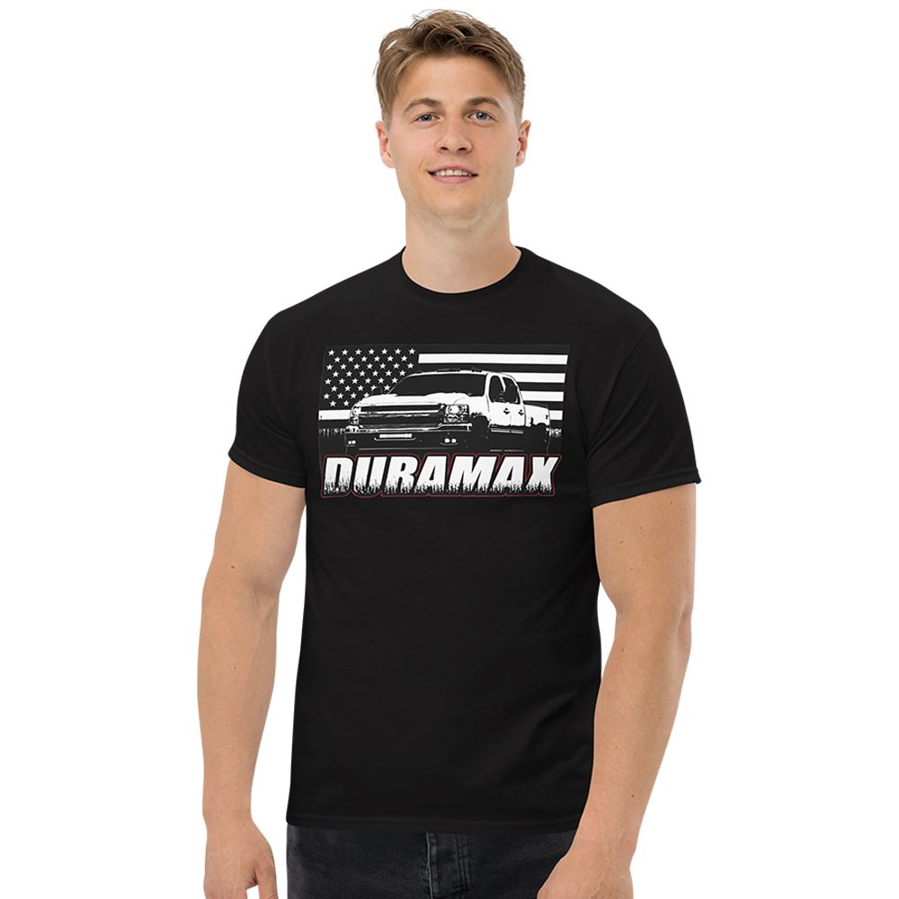 Man Wearing a Duramax T-Shirt in Black | Aggressive Thread Diesel Truck Apparel