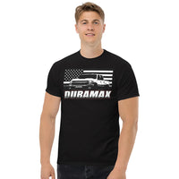 Thumbnail for Man Wearing a Duramax T-Shirt in Black | Aggressive Thread Diesel Truck Apparel