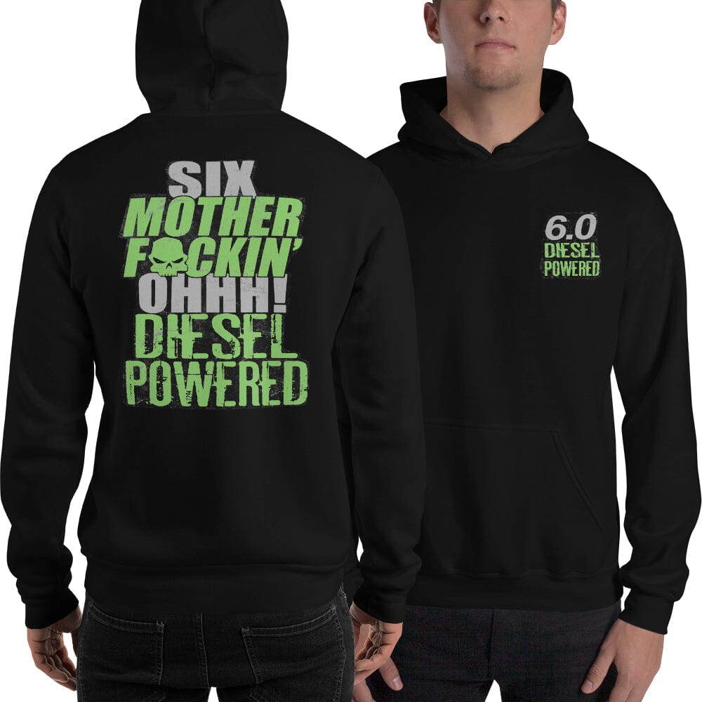 Man wearing 6.0 Power Stroke Hoodie From Aggressive Thread - Color Black