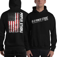 Thumbnail for Man Posing in 6.4 Power Stroke Diesel Hoodie Sweatshirt With American Flag On Back From Aggressive Thread Truck Apparel - Color Black