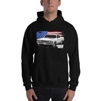 Thumbnail for Man posing in 1967 Chevelle Hoodie With American Flag From Aggressive Thread. Color Black