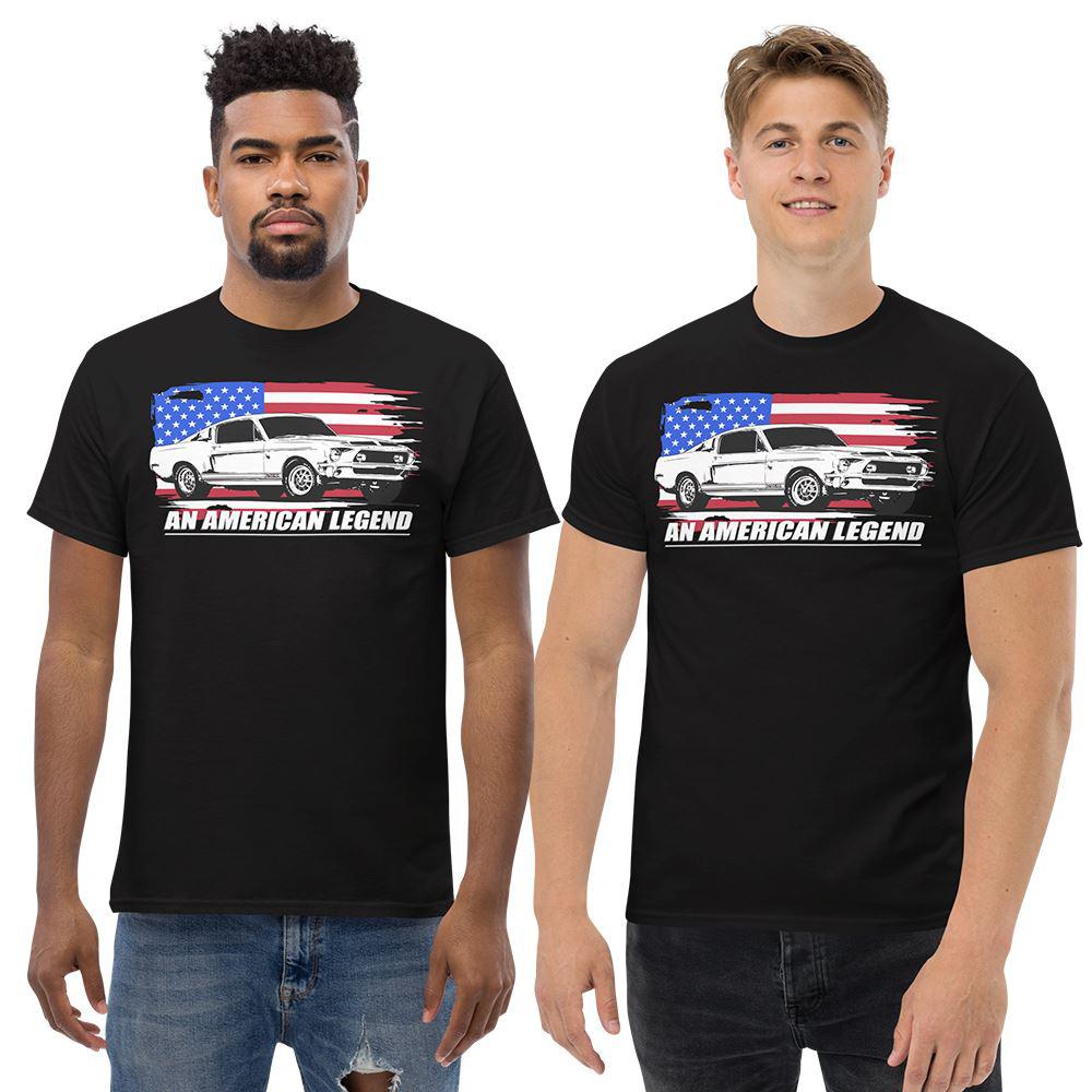 Men Wearing A 1968 Mustang Fastback T-Shirt From Aggressive Thread - Color Black