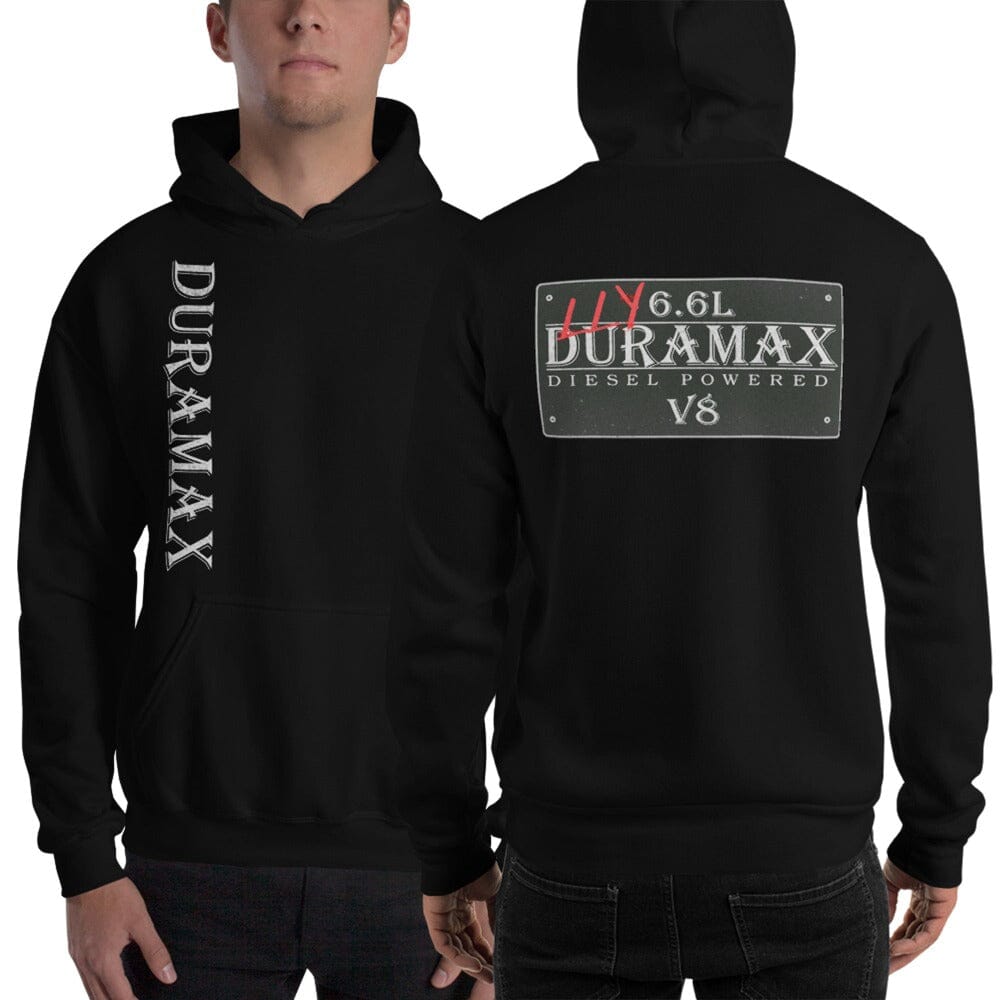 Man wearing LLY Duramax Diesel Sweatshirt Hoodie in Black | Aggressive Thread Truck Apparel