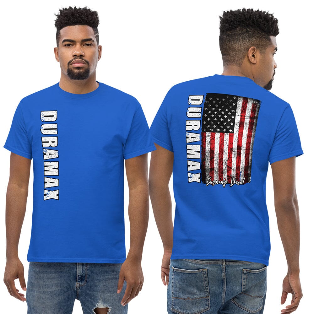 man Wearing a Duramax T-Shirt With American Flag From Aggressive Thread in Black - Front And Back View in blue