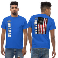 Thumbnail for man Wearing a Duramax T-Shirt With American Flag From Aggressive Thread in Black - Front And Back View in blue